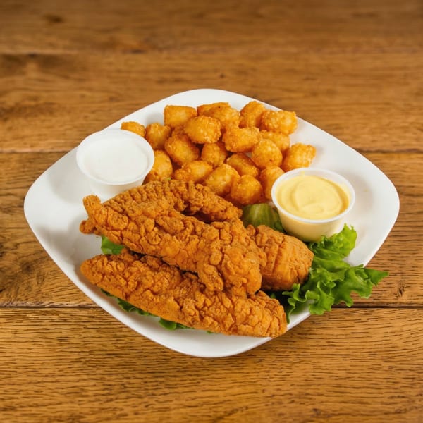 Crispy chicken tenders, tater tots, and dipping sauces on a white plate at Woody's.